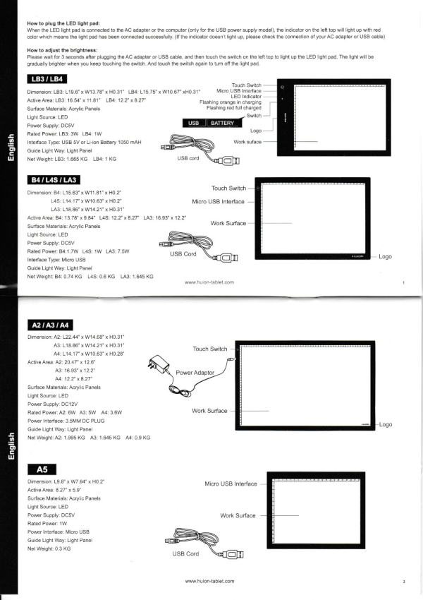 Huion light pad comparisons - instruction manual